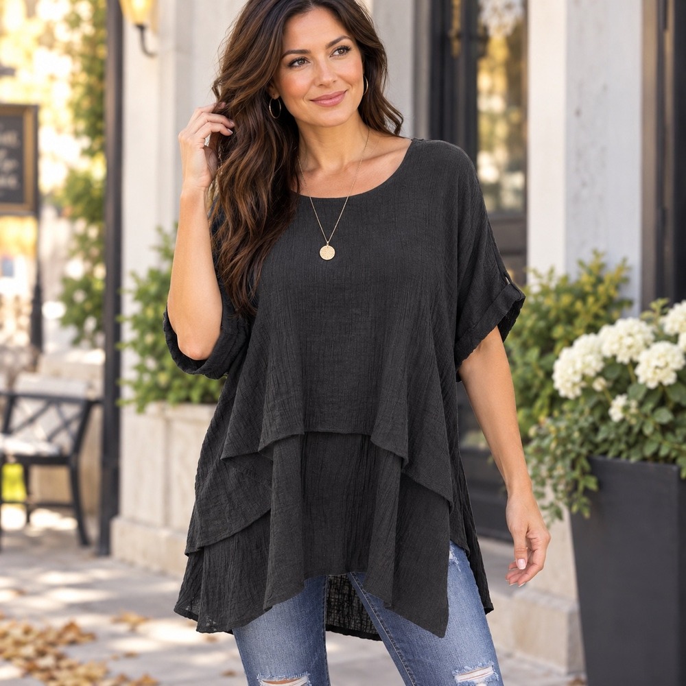 Umgee USA Black Textured Gauze Layered Tiered Tunic Top Plus Size 1XL